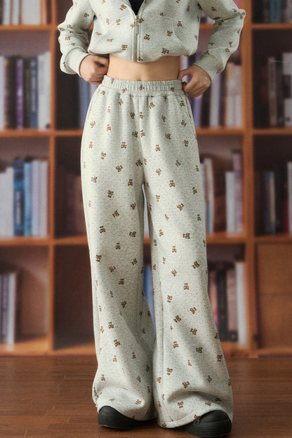 Elastic Waist Bear Print Wide-Leg Pants