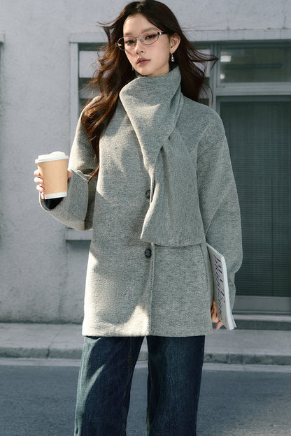 Asymmetrical Scarf Collar Woolen Jacket