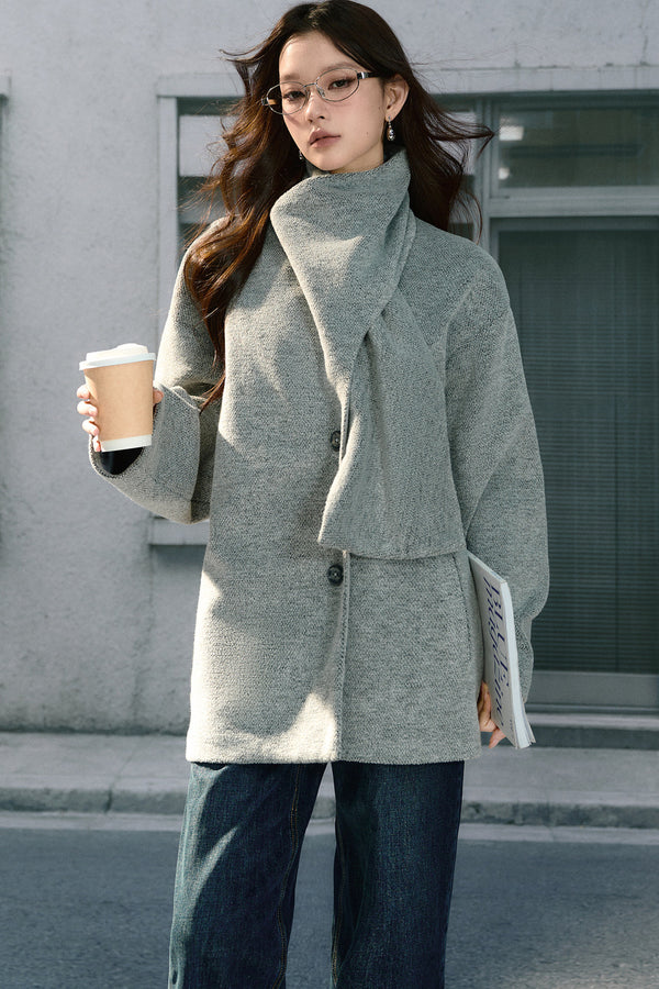 Asymmetrical Scarf Collar Woolen Jacket