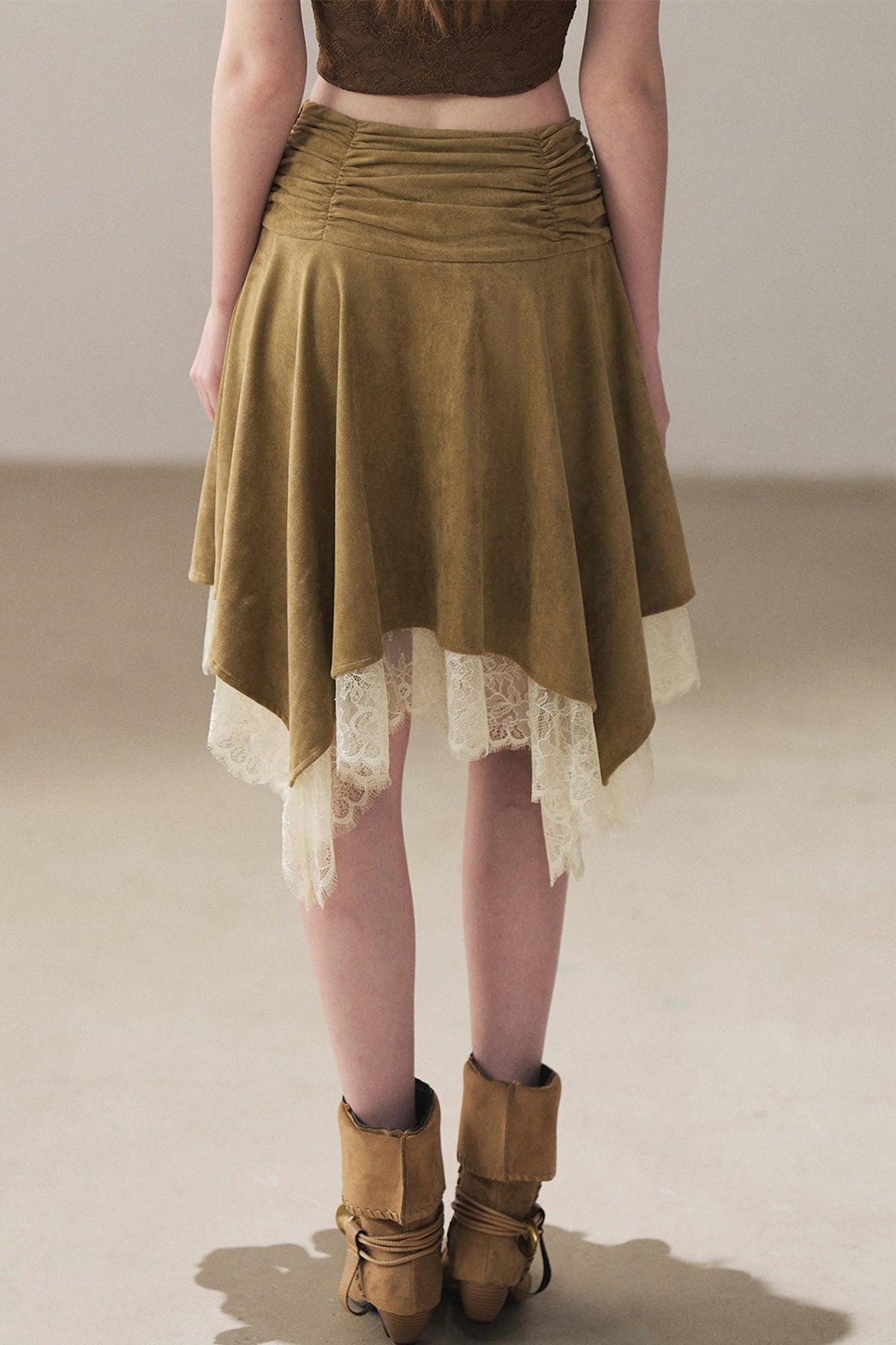 Irregular Faux Suede Lace Skirt