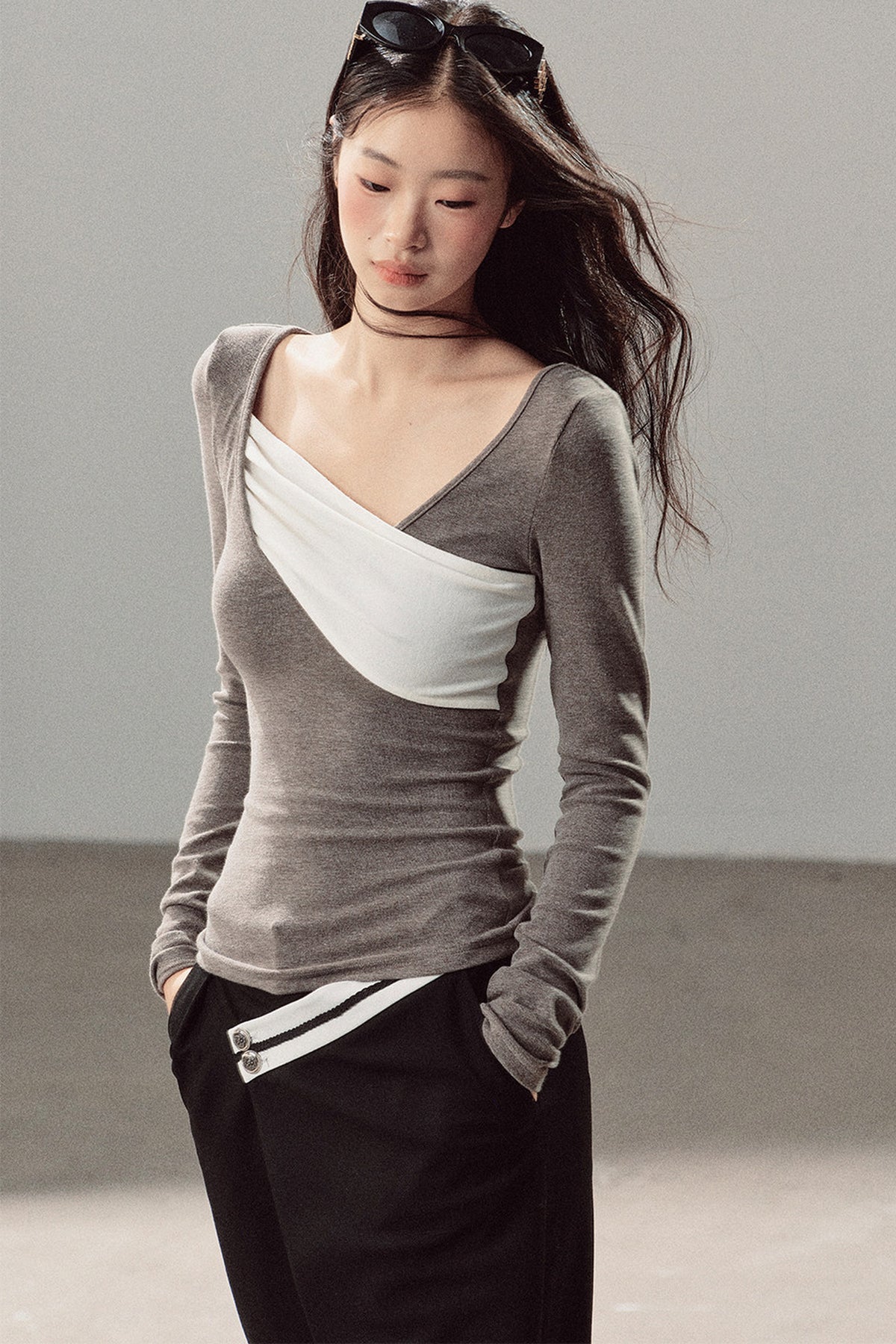 Spliced Regular Shoulder Long-Sleeve T-shirt
