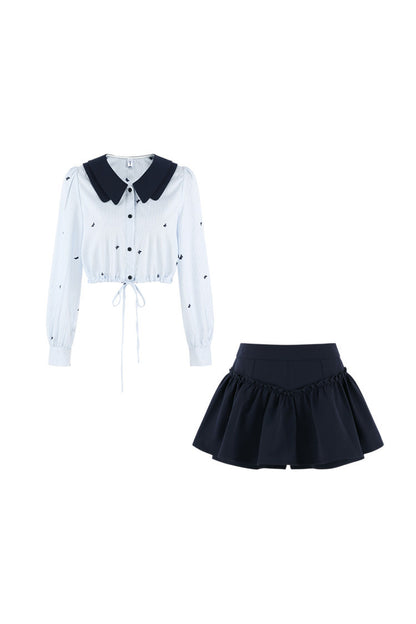 Doll Collar Drawstring Long-Sleeve Shirt and Skirt Set-Up