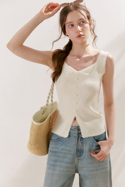 Lyocell Lace Trim Knit Vest