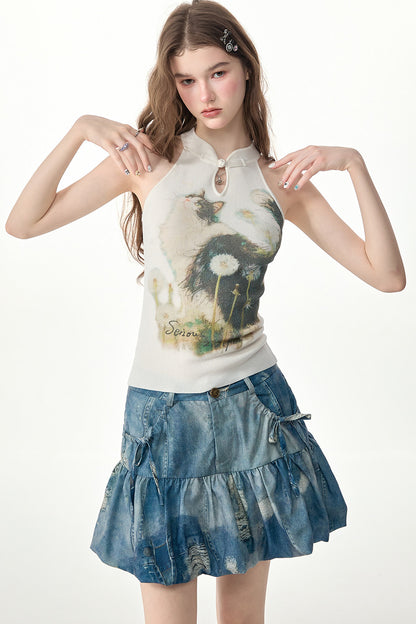 White Knit Cat Print Halter Top