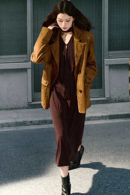 Beaded Suede Detachable Fur Collar Jacket