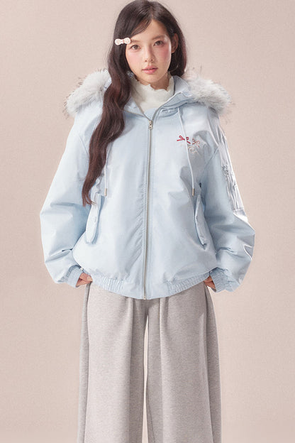 Embroidered Bow Fur Hood Down Jacket