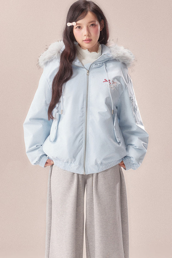 Embroidered Bow Fur Hood Down Jacket