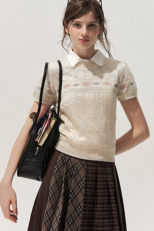 Retro Fair Isle Argyle Short-Sleeve Knit Sweater and Skirt Set-Up