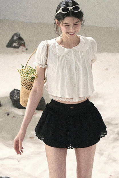 French Style Lace Puff Sleeve Blouse