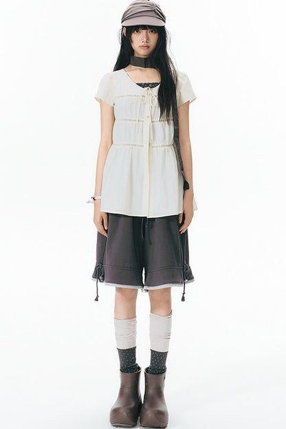 Color-Block Drawstring Elastic Waist Wide-Leg Mid-Length Shorts