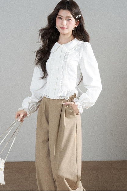 White Long-Sleeved Loose Pullover Doll Collar Shirt