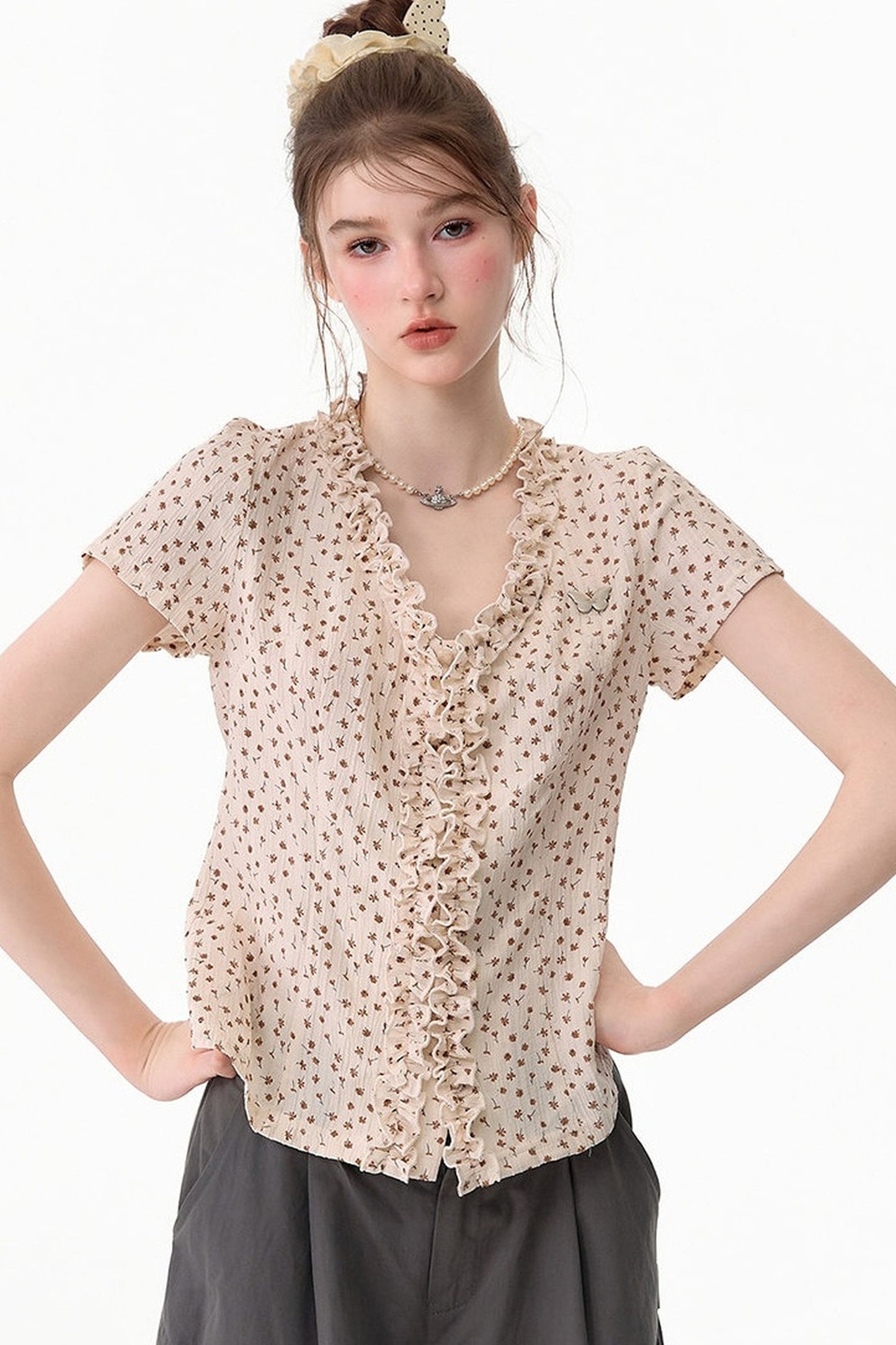 Apricot Polka Dot Lace V-Neck T-Shirt
