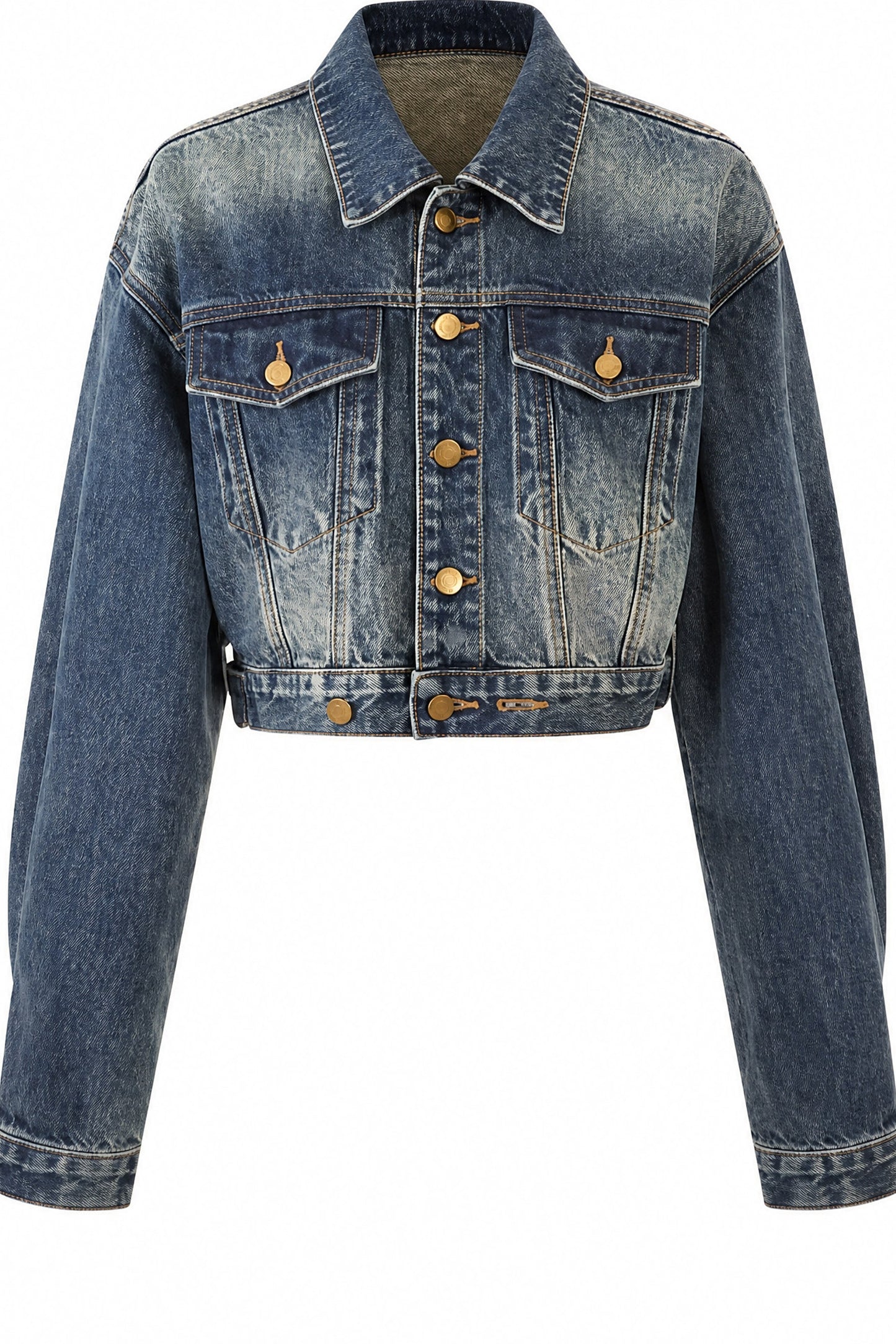Ensemble 3 pièces avec veste courte en denim, pantalon à ourlet arrondi et haut