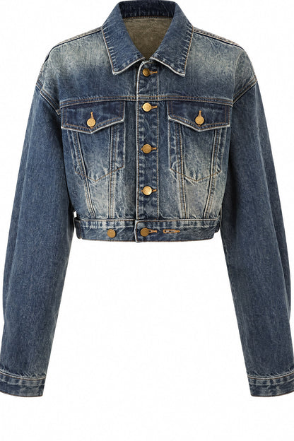 Ensemble 3 pièces avec veste courte en denim, pantalon à ourlet arrondi et haut