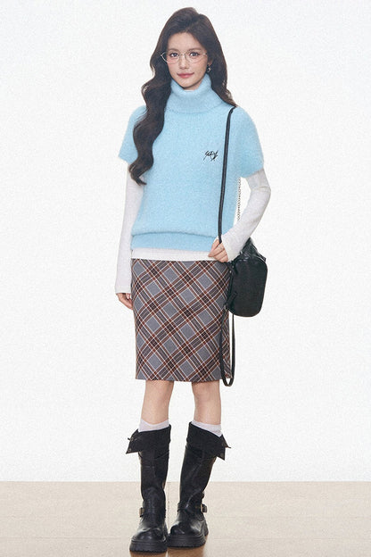 Faux Mink Turtleneck Sweater With Plaid Midi Skirt and Pants Set-Up