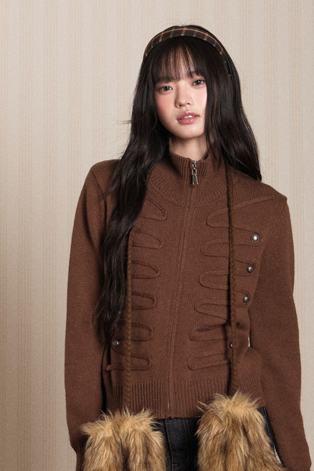 Napoleon Style Zipper Knit Cardigan