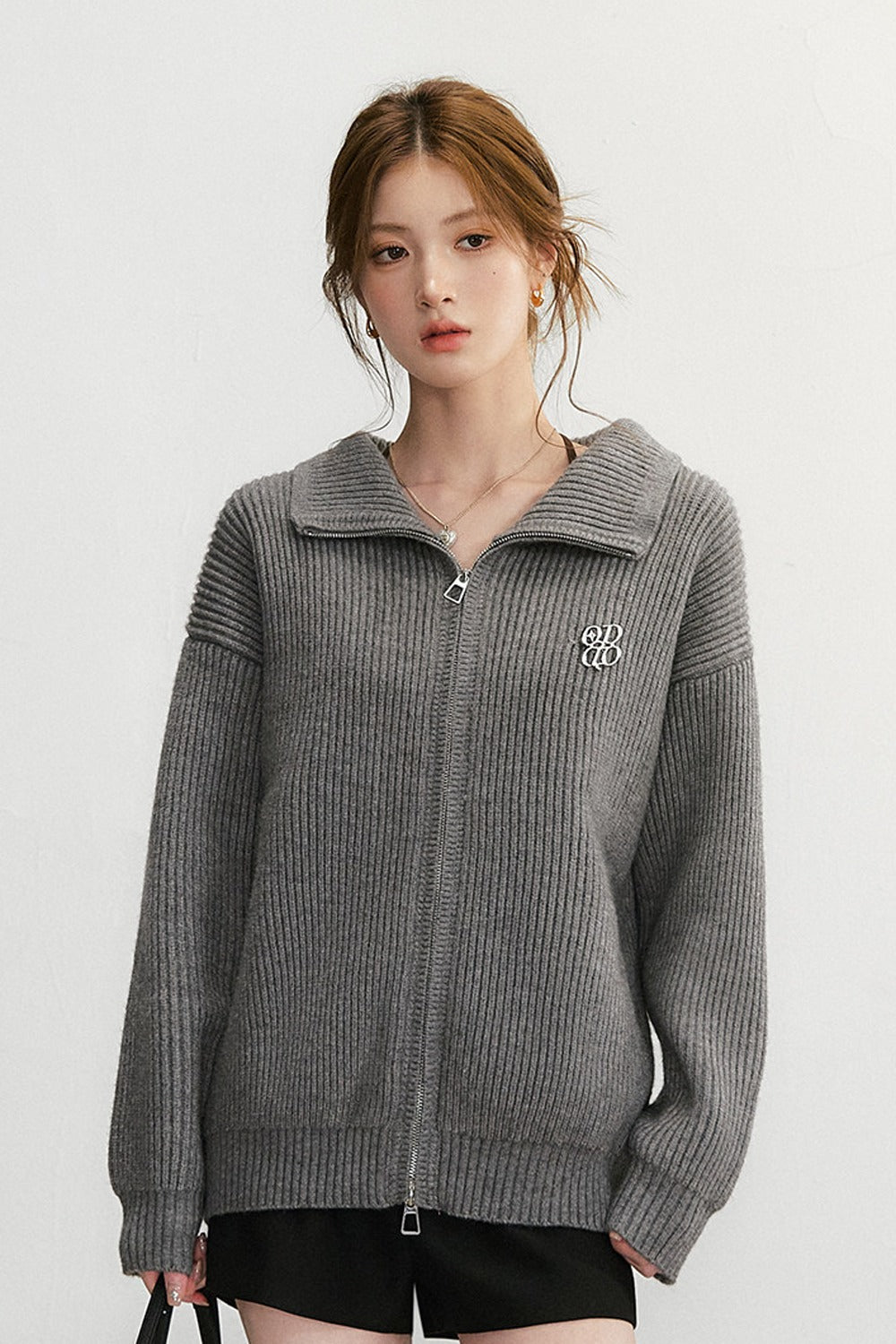 Grey Textured Zipper Knit Jacket
