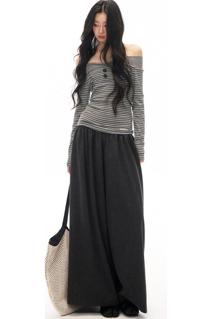 Striped Off-Shoulder Knit Top and Jeans Set-Up