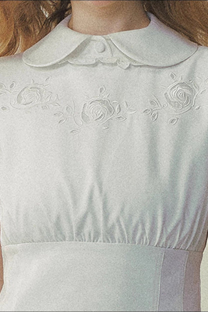 White Rose Embroidered Princess Midi Dress