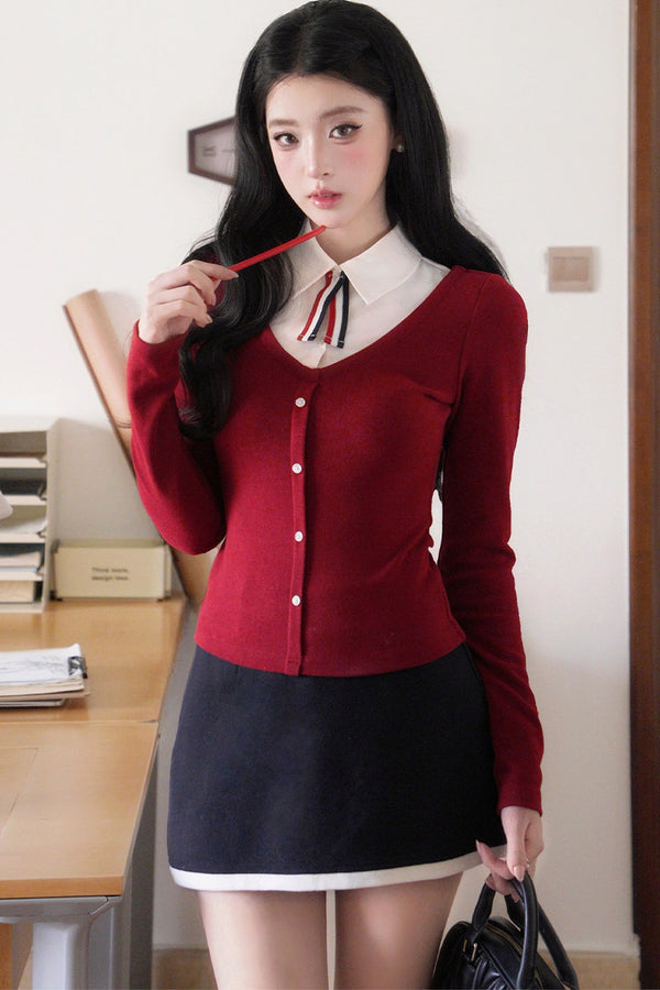 Color-Block Knit Cardigan and Skirt Set-Up