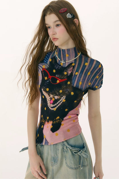 Pleated Cat Print Blouse