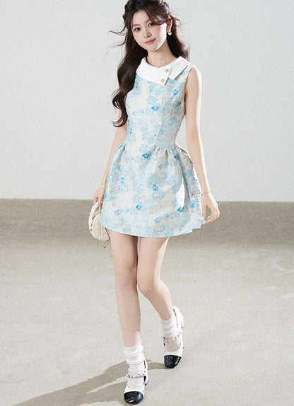 Blue Floral Jacquard Sleeveless Dress
