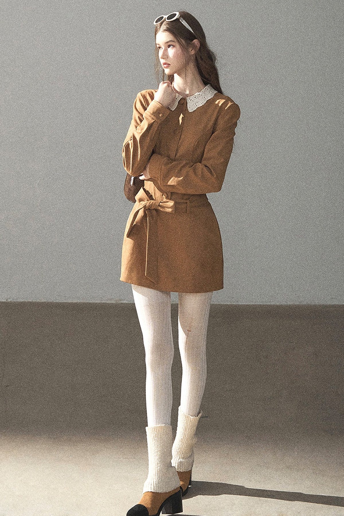 Faux Suede Lace Collar Short Dress