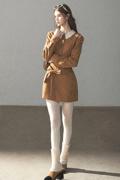 Faux Suede Lace Collar Short Dress