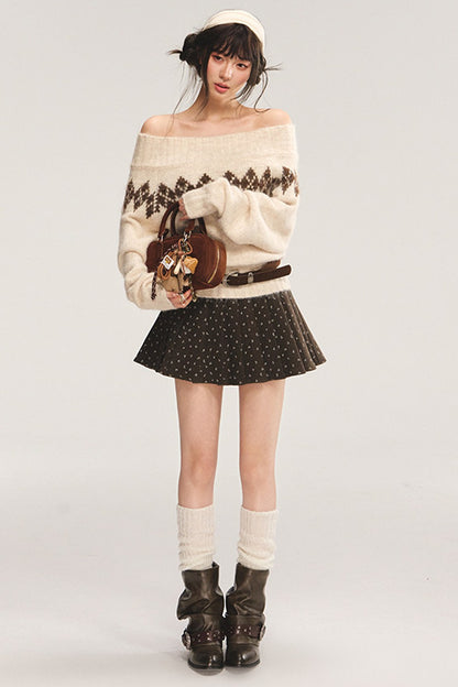 Off-Shoulder Diamond Sweater and Skirt Pullover Set-Up