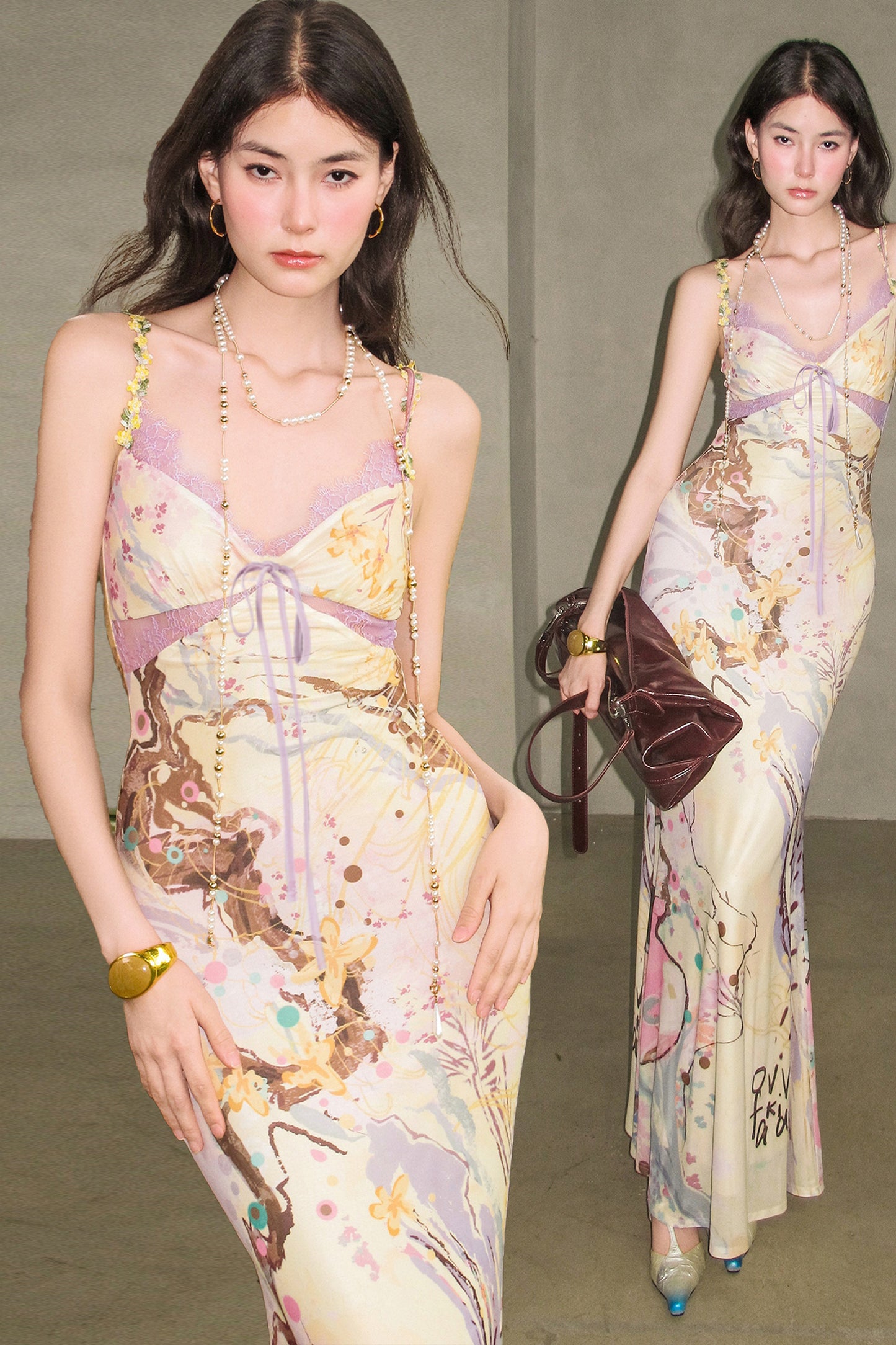 New Chinese Style Printed Tie Waist Fishtail Maxi Dress