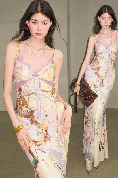 New Chinese Style Printed Tie Waist Fishtail Maxi Dress