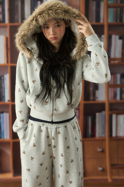 Bear Print Hooded Top and Pants Set-Up