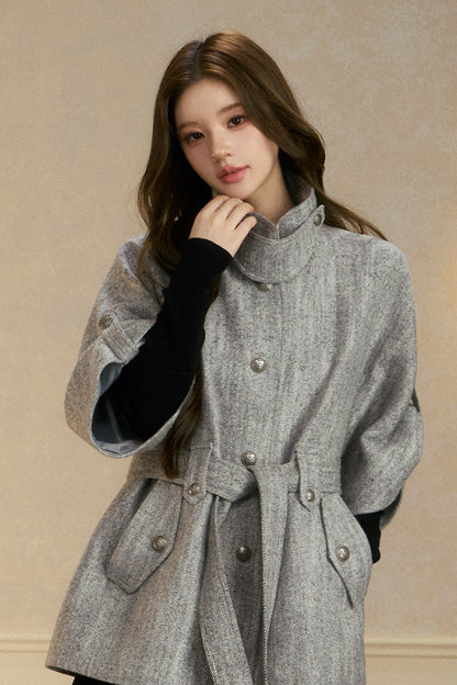 Stand Collar Batwing Wool Cape Jacket