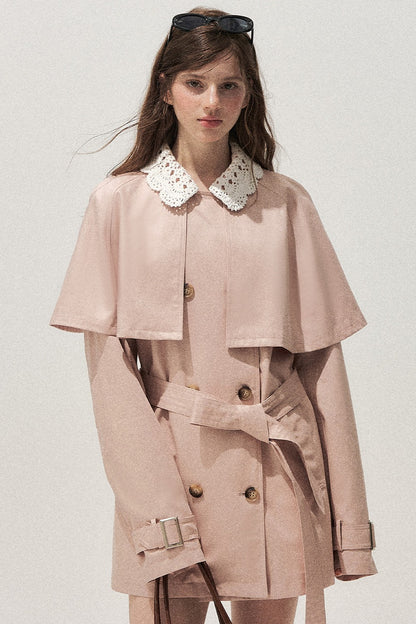 Detachable Cape Crochet Collar Trench Coat