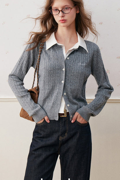 Wool Blend Spliced Shirt Cable Knit Cardigan