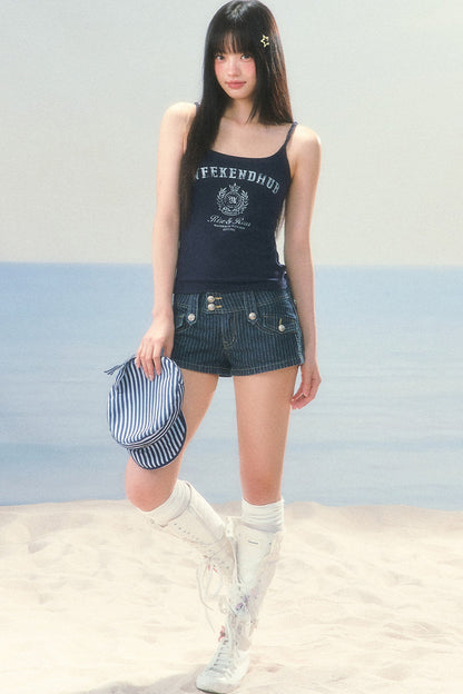 Retro Striped Denim Shorts