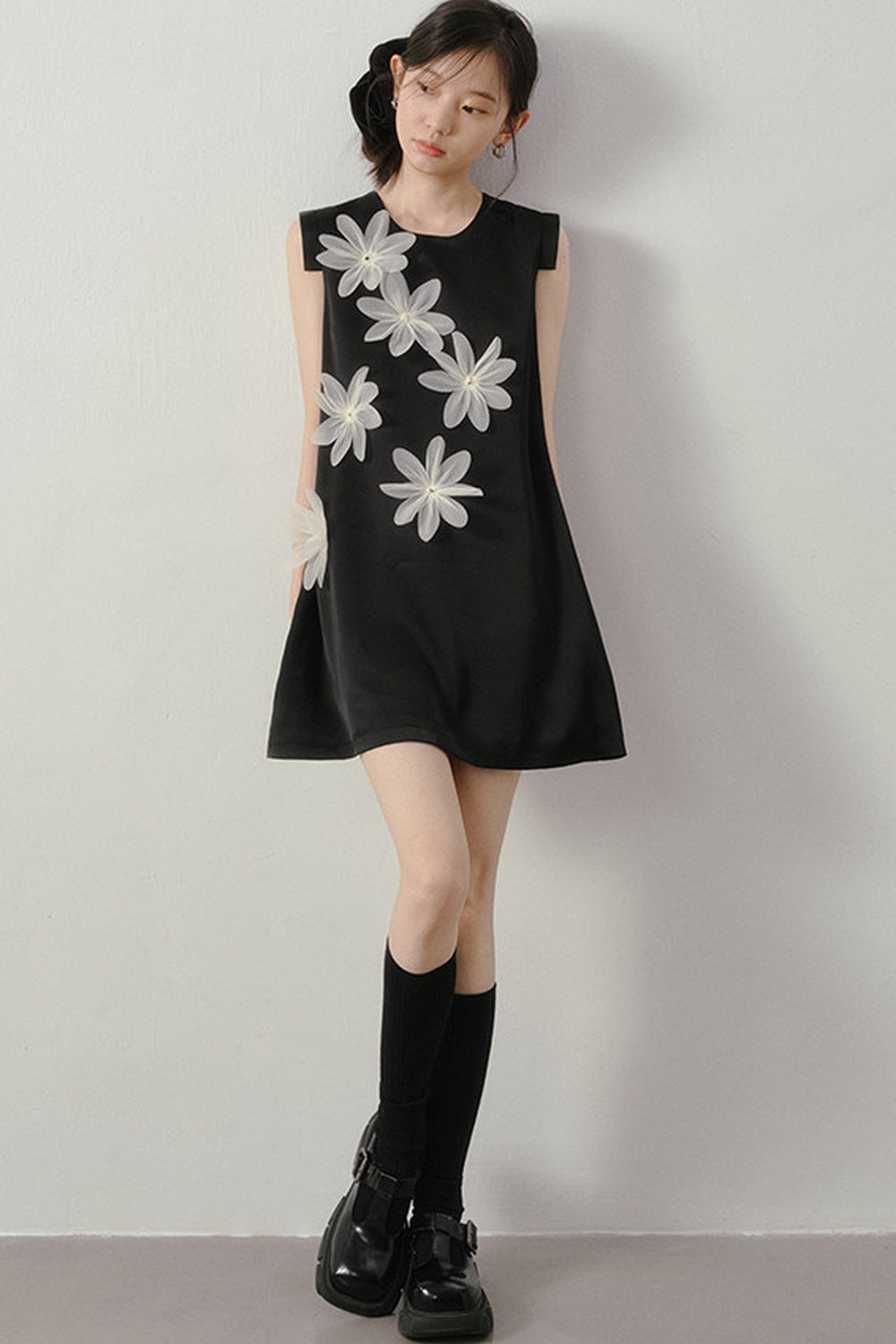 3D Floral Appliqué Satin Sleeveless Dress