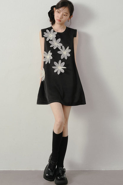 3D Floral Appliqué Satin Sleeveless Dress