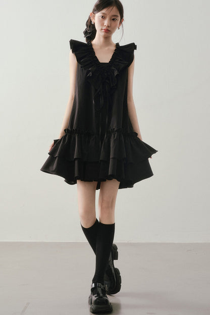 Ruffle V-Neck Tie Sleeveless Black Dress