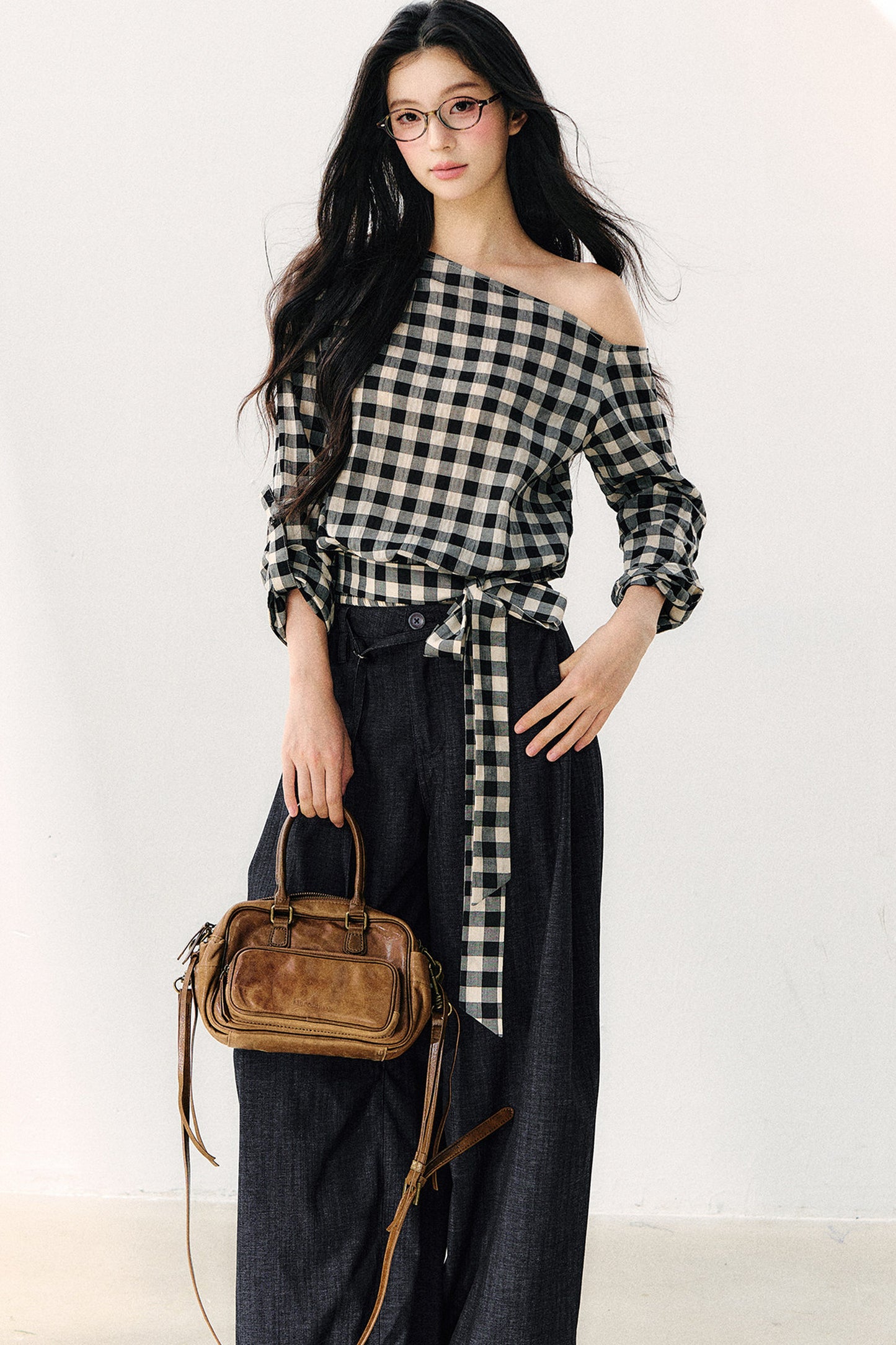 Washed Plaid Tube Top With Bow