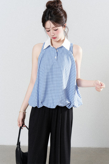 Blaue karierte Halter-Bluse