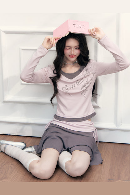 Letter Print T-Shirt with Contrast Drawstring Skirt Set-Up