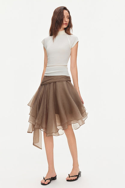 Asymmetrical Tie Waist Sheer Midi Skirt