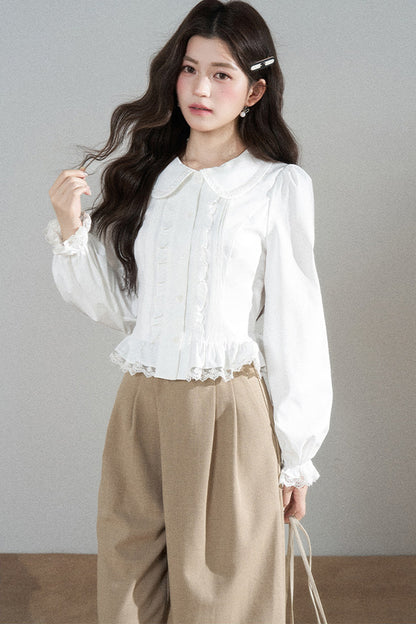 White Long-Sleeved Loose Pullover Doll Collar Shirt