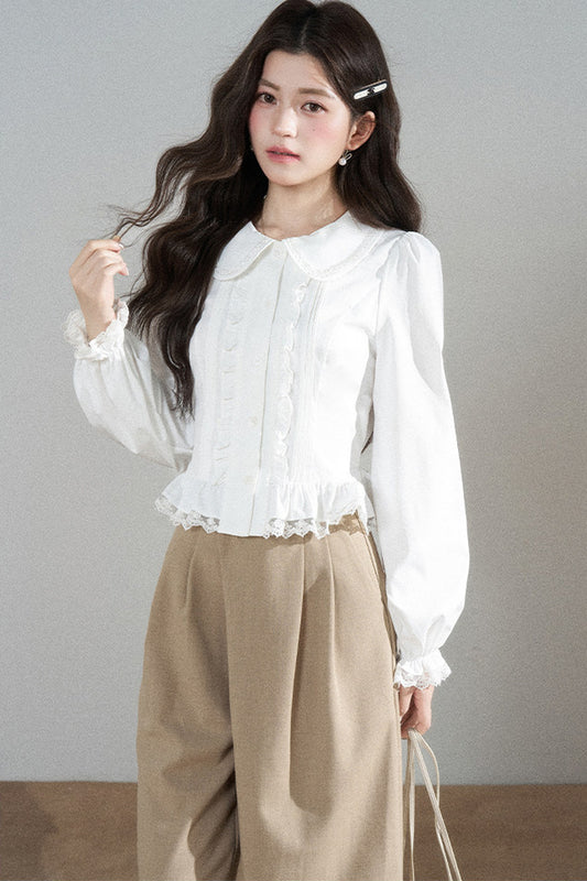 White Long-Sleeved Loose Pullover Doll Collar Shirt