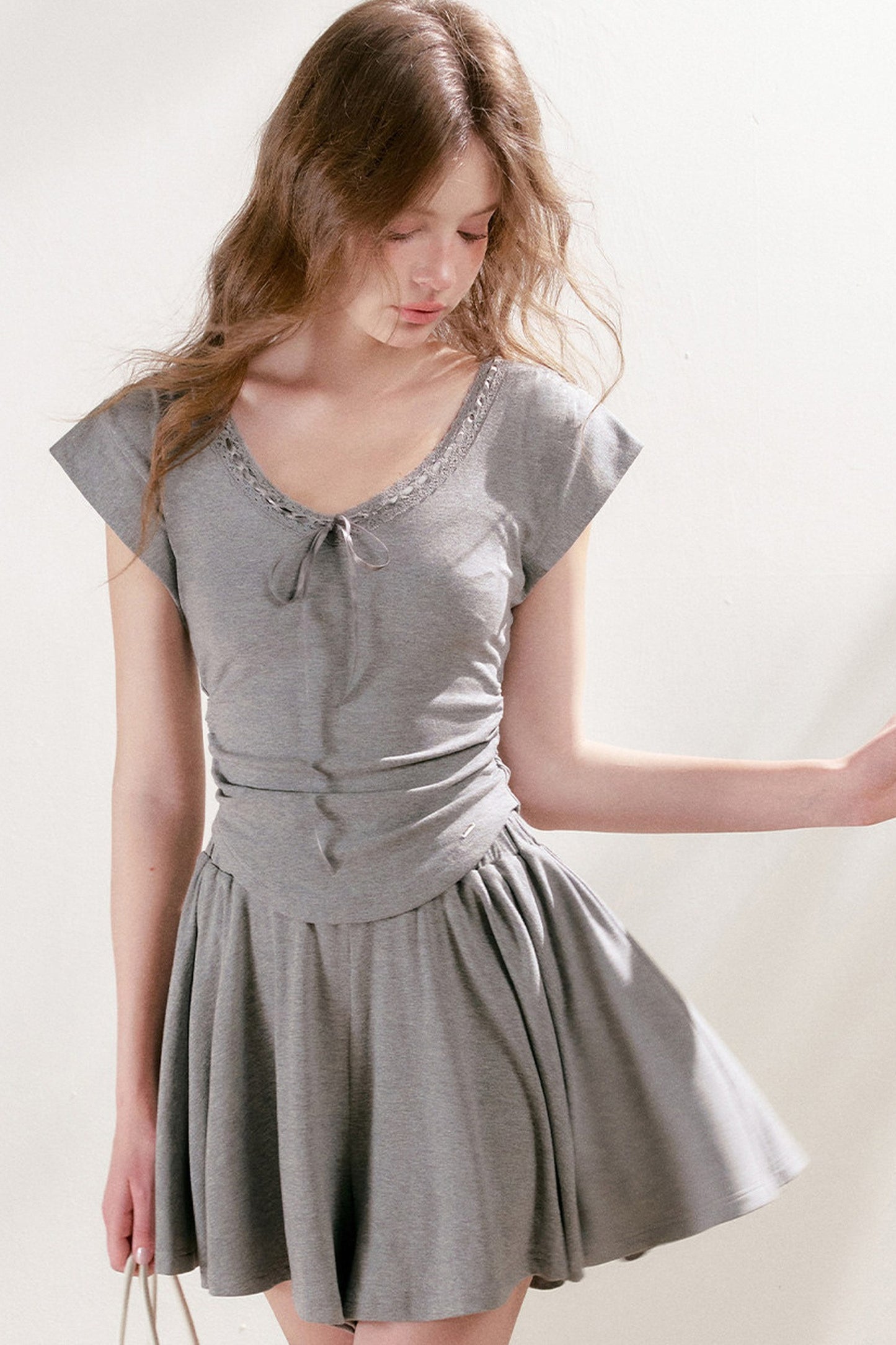 Lace Trim Tie-Up Top and High-Waisted Skirt Pants Set