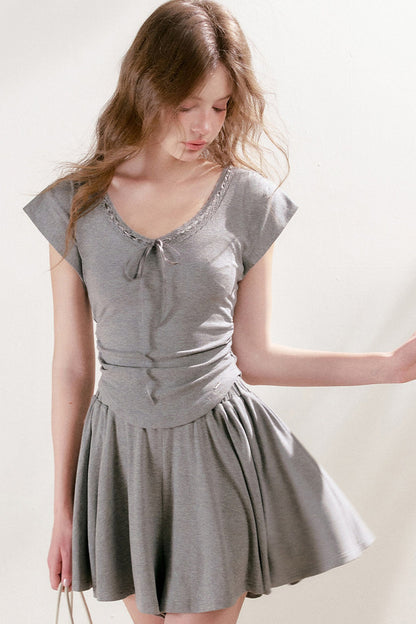 Lace Trim Tie-Up Top and High-Waisted Skirt Pants Set