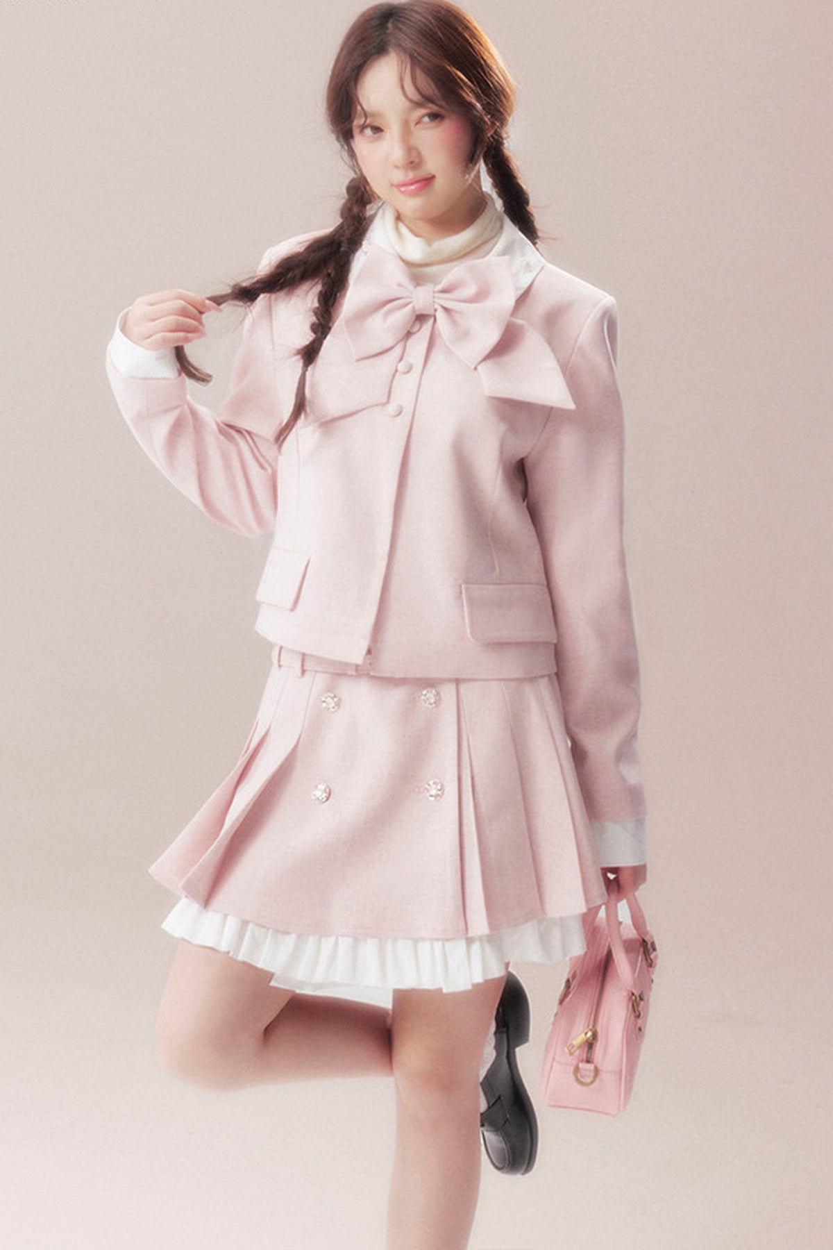 Bowknot Jacket and A-Line Pleated Skirt