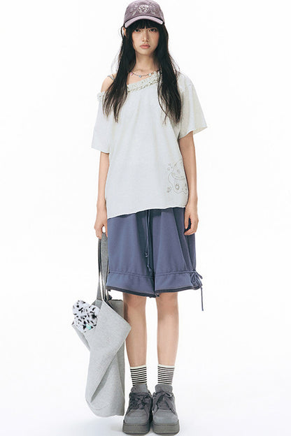Starwii Printed Ruffled Asymmetrical Shoulder T-Shirt
