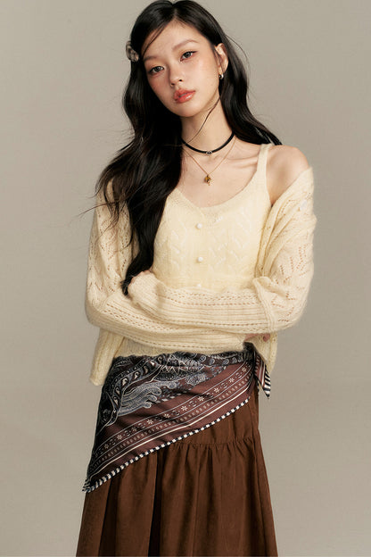 Crochet Knit Cardigan and Camisole Two-Piece With Skirt Set-Up
